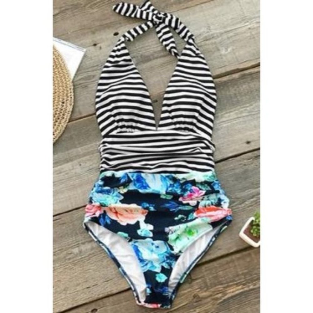 Black Stripe & Floral One Piece Swimsuit Sz 1X